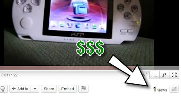 מונה צפיות של סרטון ביוטיוב, עם חץ וסימני דולר ($)