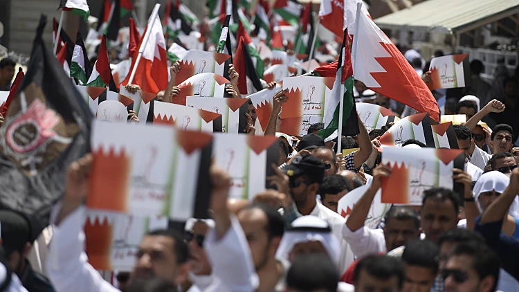 מפגינים עם דגלי בחריין ופלסטין בעזה ב-2014