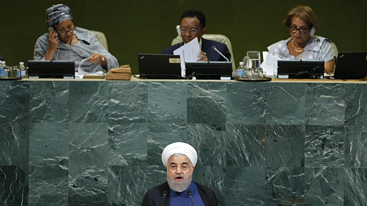 נשיא איראן חסן רוחאני נואם בעצרת הכללית של האו"ם בניו יורק, 2017