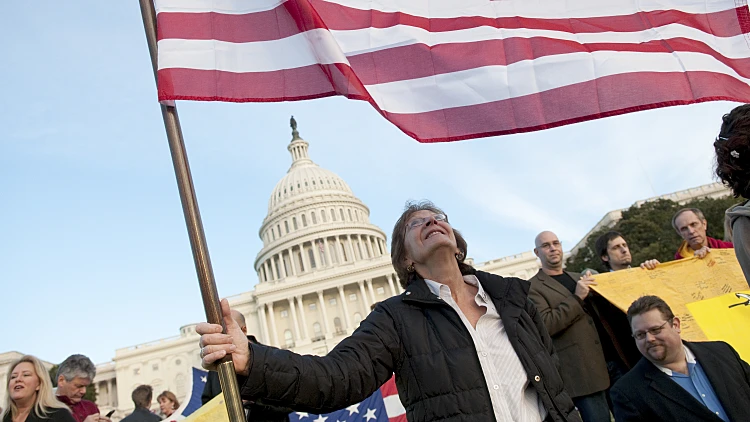 אישה מניפה בדגל ארה"ב ביום הבחירות 2010 בוושינגטון