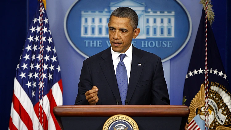 נשיא ארה"ב, ברק אובמה, במסיבת עיתונאים בבית הלבן