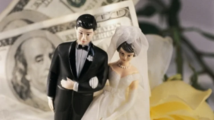 בובות חתן וכלה עם שטרות דולרים ברקע