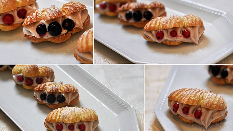 פחזניות במלית קרם חלבה, שוקולד לבן ופירות יער