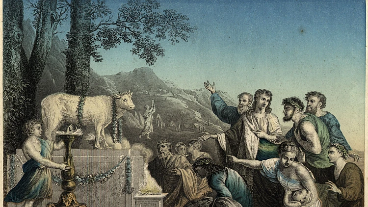 בני ישראל סוגדים לעגל הזהב בזמן שמשה נמצא על הר סיני