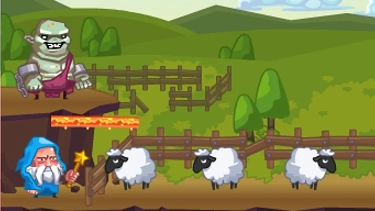 קוסם מצוייר ליד כבשים וטרול