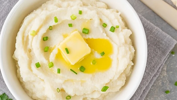 Cauliflower,puree,with,butter,and,green,onions,in,a,white