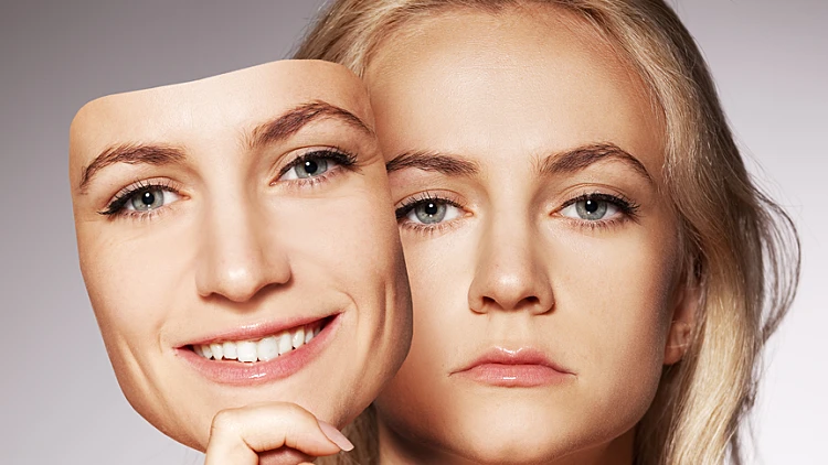 Woman,hiding,under,the,happy,mask.,hypocritical,,insincere,,two Faced,female