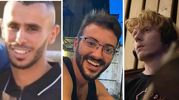 החטופים שצה"ל הרג בשוגג (מימין): יותם חיים, אלון שמריז וסאמר טאללקהחרבות ברזל
