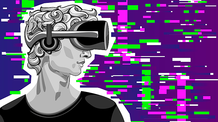 Virtual,reality,,retro,man,wearing,virtual,reality,headset.,abstract,glitch