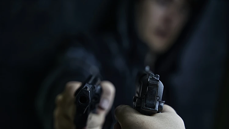 Two,shooters,threaten,each,other,with,weapons.,first Person,view,of