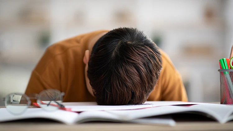 Sleeping,schooler,chubby,asian,boy,laying,on,desk,full,of