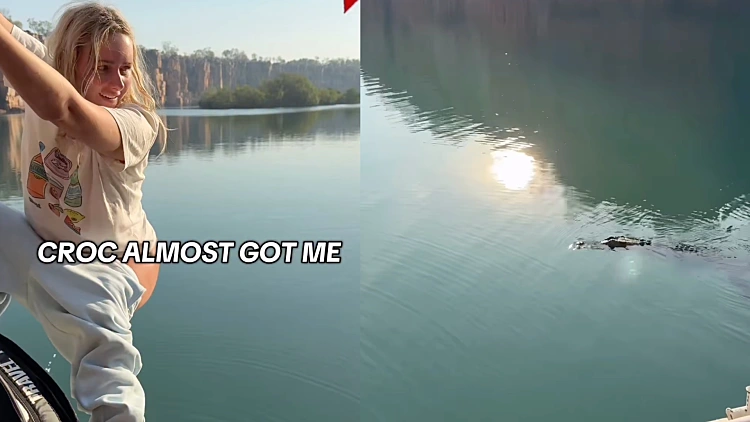 אלי-ג'ין קופי משתינה ליד תנין