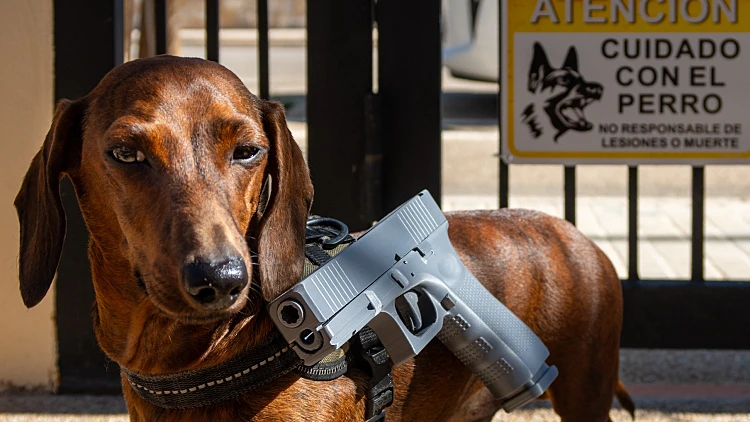 Sausage,dog,with,toy,pistol,at,the,gate,with,a