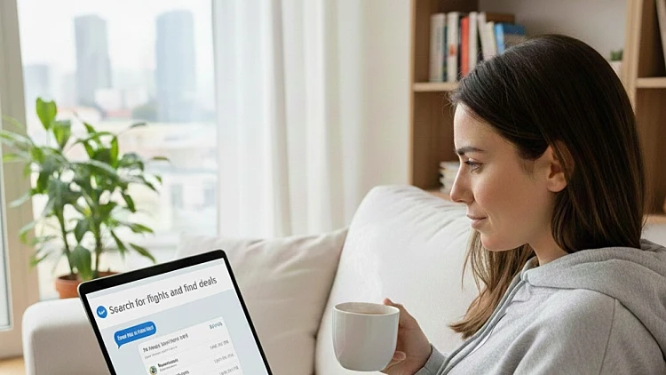 אישה מזמינה טיסה באמצעות בינה מלאכותית