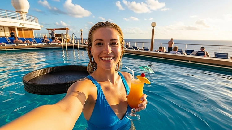 נוסעת על קרוז שותה כוס קוקטייל