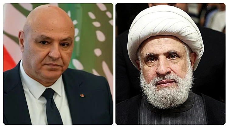 מזכ"ל חיזבאללה נעים קאסם ונשיא לבנון ג'וזף עאון