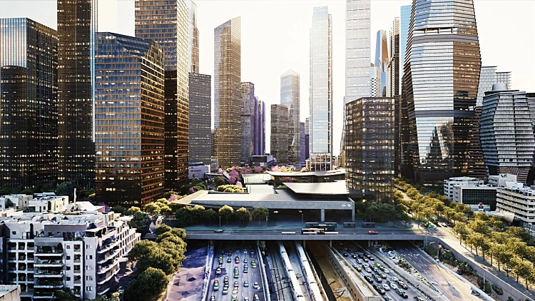 הדמיית מרכז התחבורה המשולב העתידי ״השלום״ בתל אביב