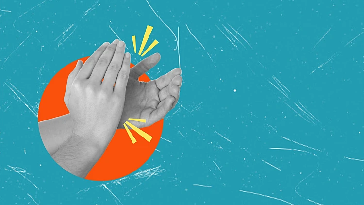 Art,collage,,clapping,palms,on,blue,background,with,space,for