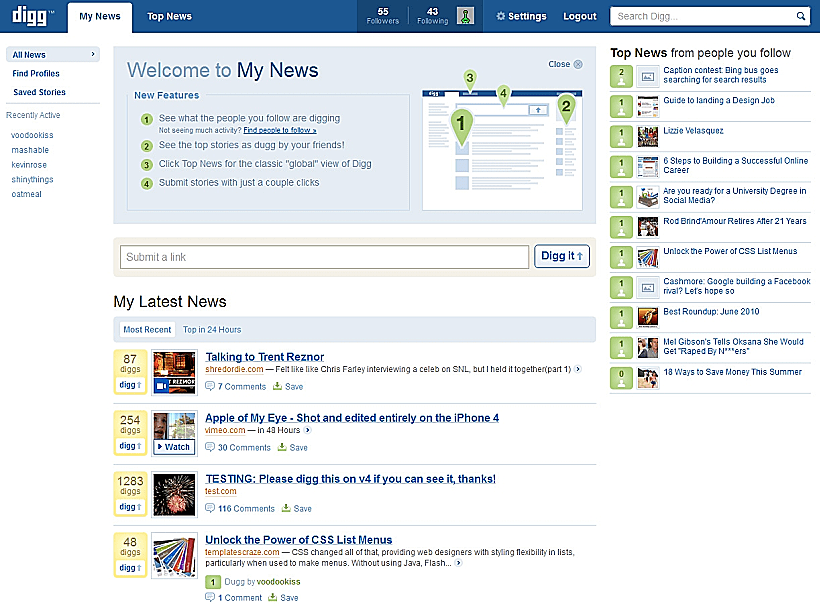 גרסת האלפא של אתר digg - חלון החדשות האחרונות