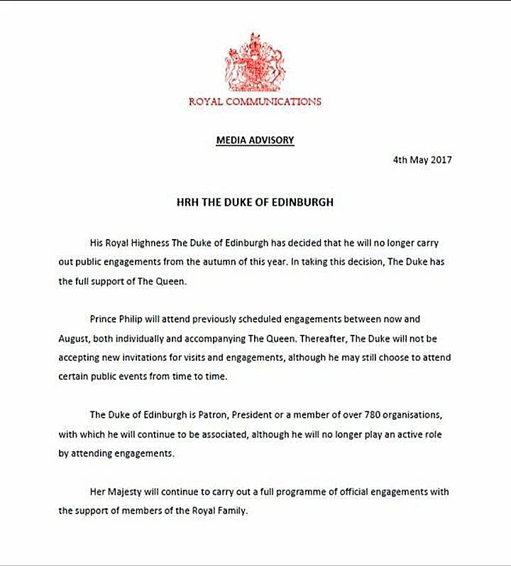 הודעת הפרישה של הנסיף פיליפ מבית המלוכה הבריטי