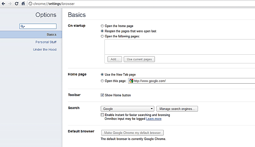 כרום 10 - עמוד הגדרות