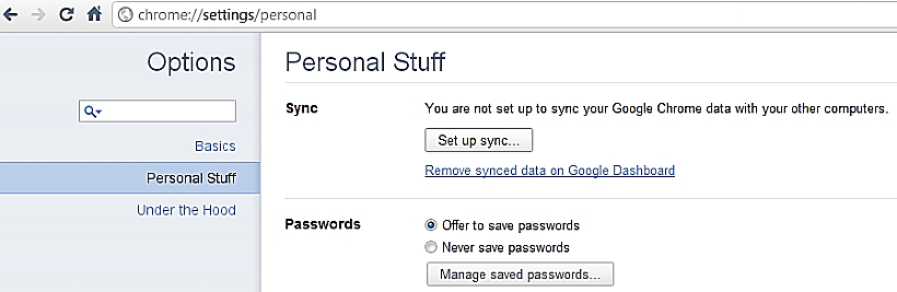 כרום 10 - עמוד סנכרון הגדרות