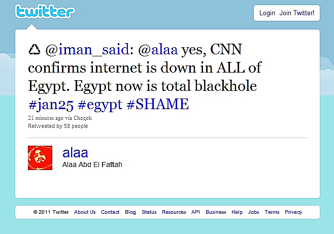 דיווח בטוויטר על ניתוק האינטרנט במצרים