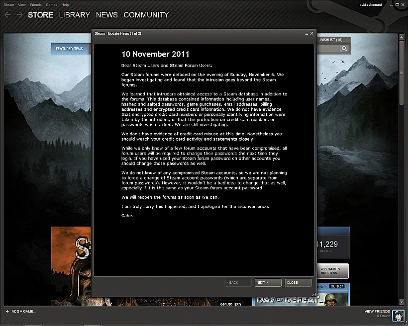 הודעה של גייב נואל, לאחר הפריצה לשירות סטים