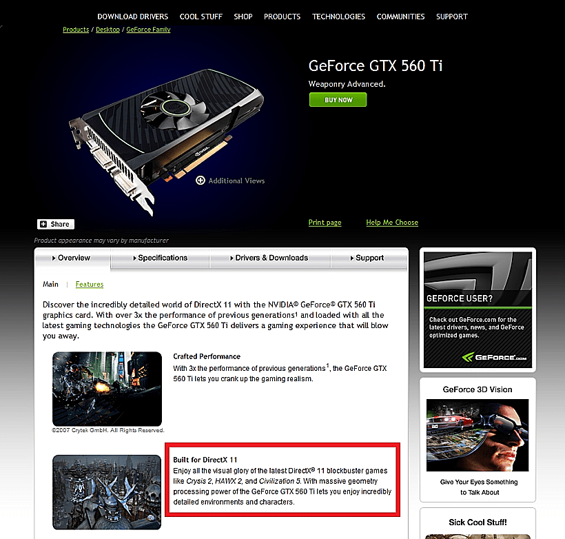 צילום מסך מתוך האתר של Nvidia שמכליל את Crysis 2 כנתמך ב-DirectX 11
