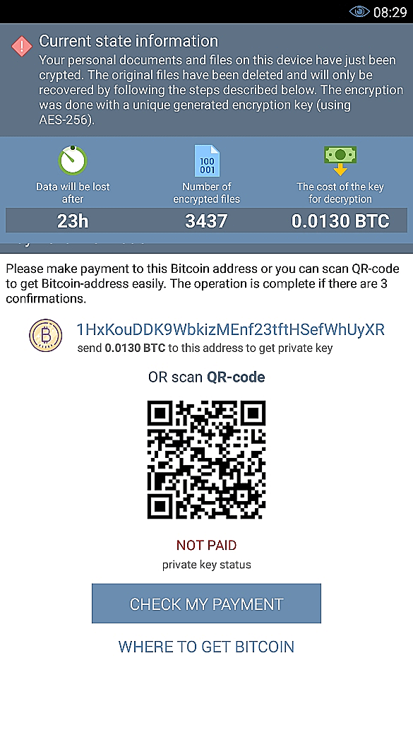 דרישת תשלום על ידי תוכנת הכופר לסלולרי Double Locker