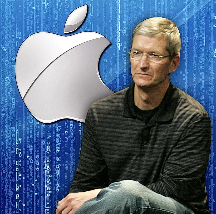 טים קוק על רקע לוגו של אפל