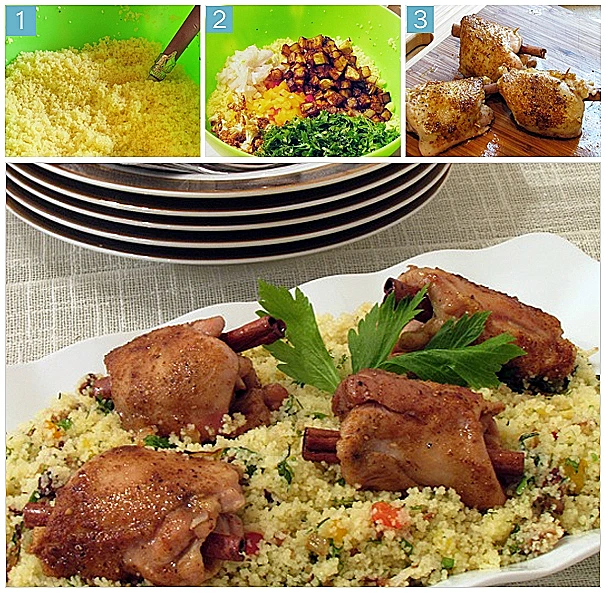 פרגיות מגולגלות על מצע סלט קוסקוס