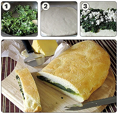 מאפה בצק פיצה במילוי תרד וגבינות