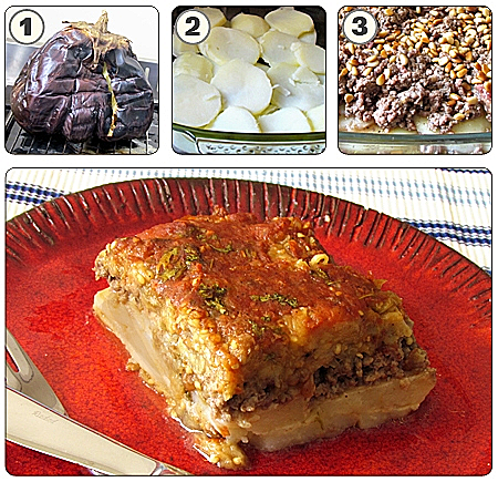 שכבות תפוחי אדמה עם בשר וחצילים