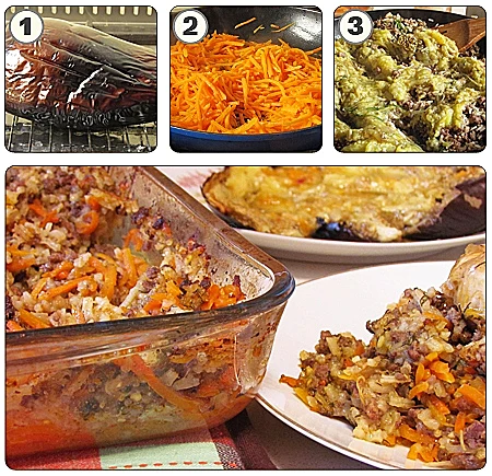 אורז עם בשר טחון וחצילים