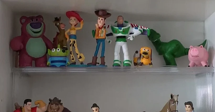 מיניאטורות מחרסינה על מדף של אחת האספניות