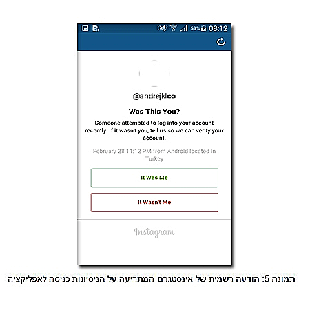 הודעה רשמית של אינסטגרם המתריעה על הניסיונות כניסה לאפליקציה