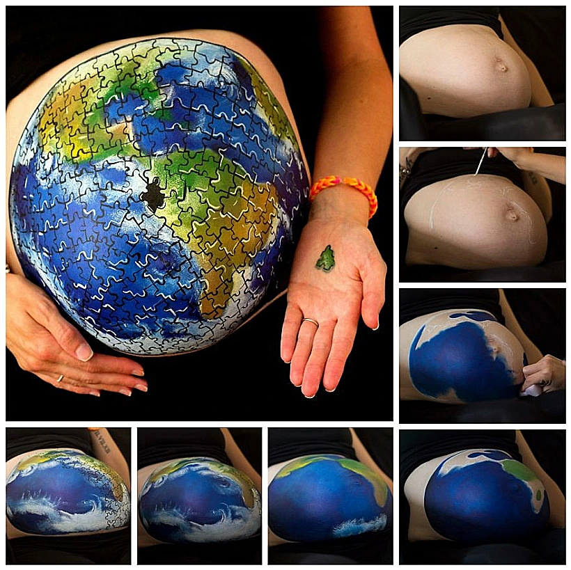 האיש שמצייר על בטנה ההריונית של אשתו