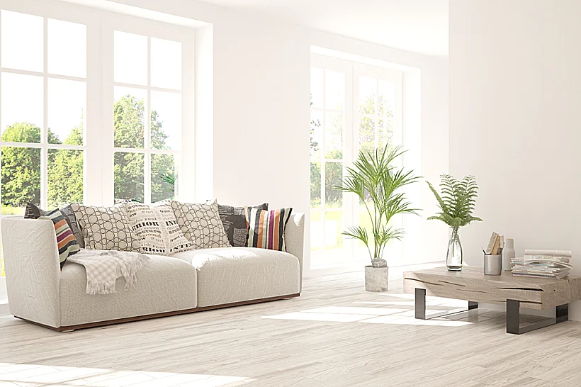 Stylish,room,in,white,color,with,sofa,and,summer,landscape