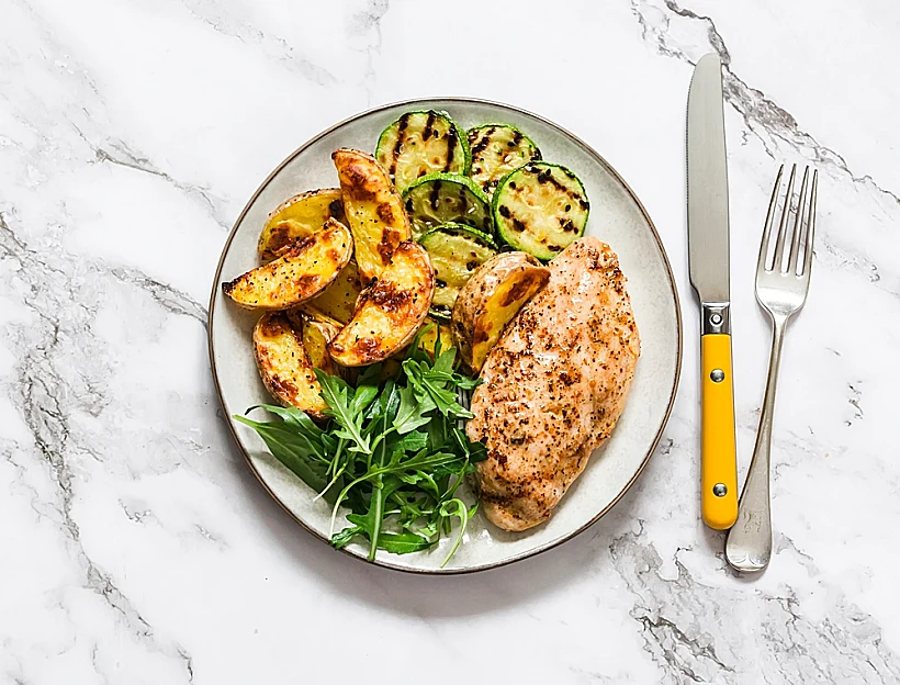 Delicious,food, ,roasted,potatoes,,chicken,breast,,grilled,zucchini,and