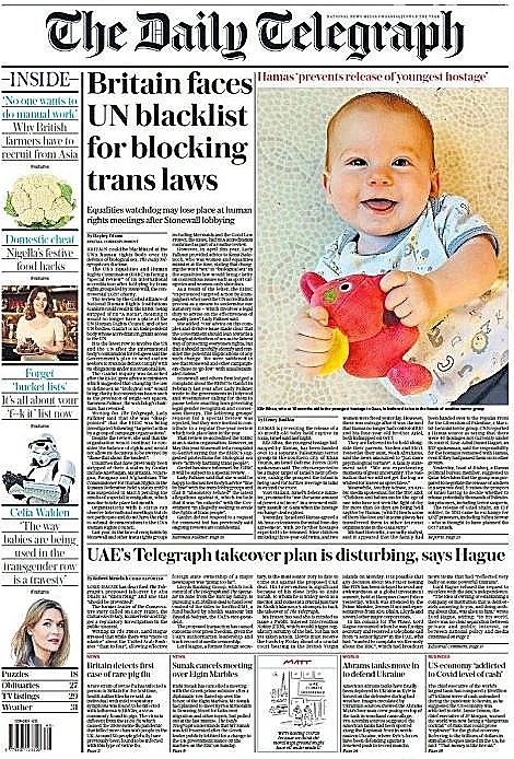 התינוק כפיר ביבס על שער הדיילי טלגרף הבריטי חרבות ברזל