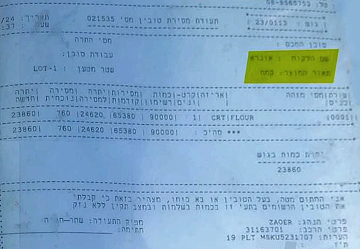 המסמך שמוכיח: ישראל מעבירה ישירות לאונר"א קמח ומוצרי מזון