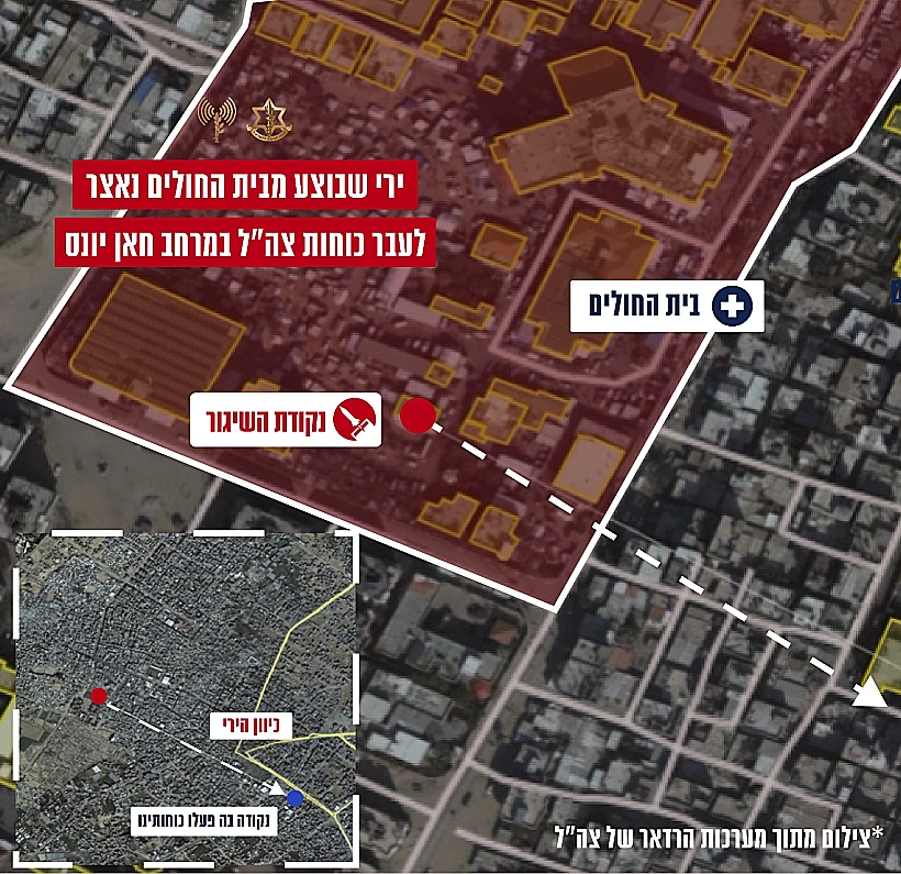 רצועת עזה מחבלים חמאס אינפוגרפיקה: ירי שבוצע לעבר כוחות צה״ל מבית החולים 'נאצר' שנמצא במרחב חאן יונס בתאריך 16/01/2024