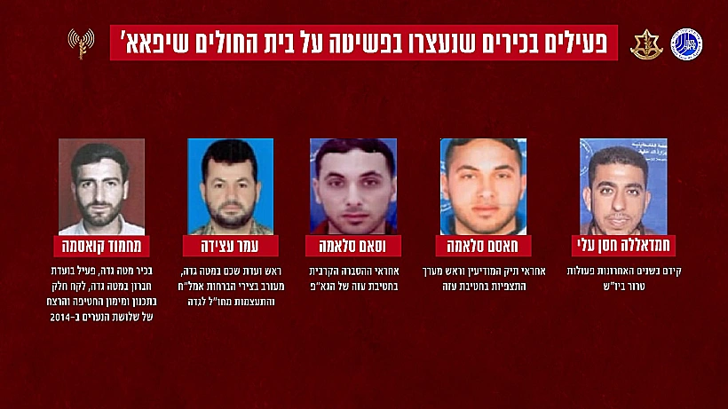 חלק מהמחבלים הבכירים שאותרו במרחב ביה"ח שיפא בעזה צה"ל ג'יהאד אסלאמי-פלסטיני
