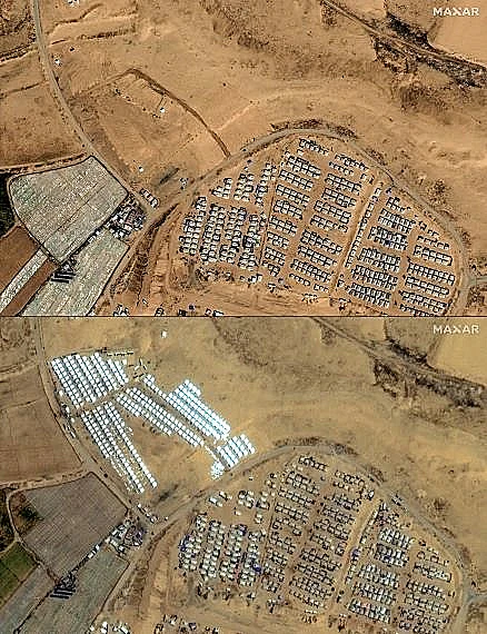 בתמונה העליונה: צילום לווין של שטח סמוך לרפיח. בתחתונה: מחנה אוהלים - באותו השטח