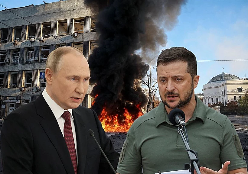 נשיא אוקראינה זלנסקי ונשיא רוסיה פוטין על רקע קייב הבוערת