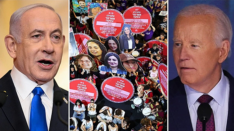 הנשיא ג'ו ביידן, ראש הממשלה בנימין נתניהו, הפגנה למען חטופים