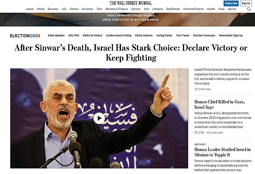 סיקור חיסול סינוואר ב"וול סטריט ג'ורנל"