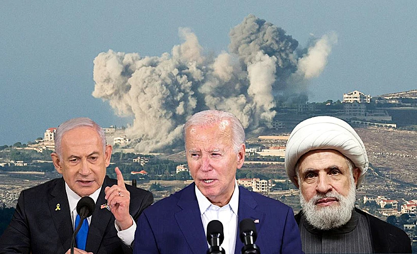 הנשיא ג'ו ביידן, רה"מ בנימין נתניהו, מזכ"ל חיזבאללה נעים קאסם, לבנון