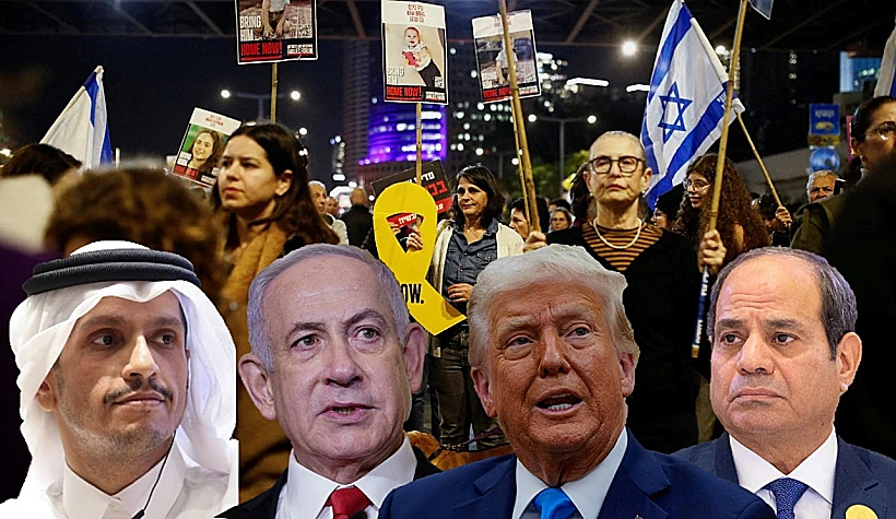 הנשיא טראמפ, רה"מ נתניהו, נשיא מצרים א-סיסי ורה"מ קטר אאל ת'אני, על רקע הפגנה למען החטופים